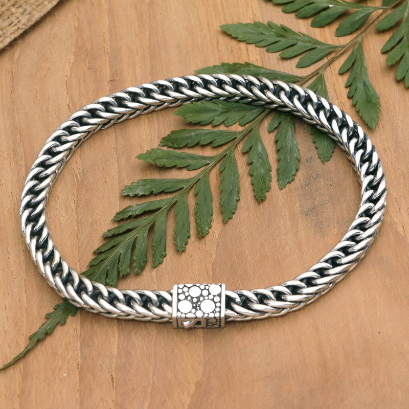 Men's Sterling Silver Chain Bracelet Crafted in Bali, "Knight of Waves"