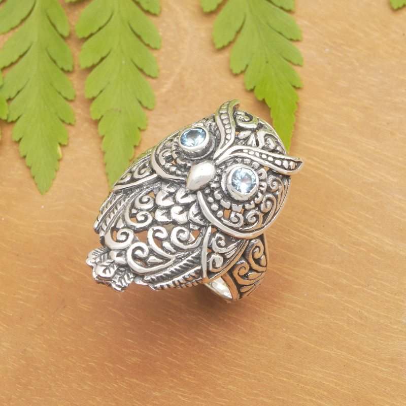 Owl-Themed Cocktail Ring with Faceted Blue Topaz Jewels, "Loyalty Feathers"