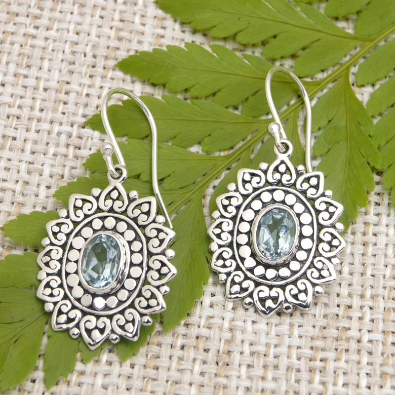 Traditional Floral Dangle Earrings with Blue Topaz Jewels, "Spring Loyalty"