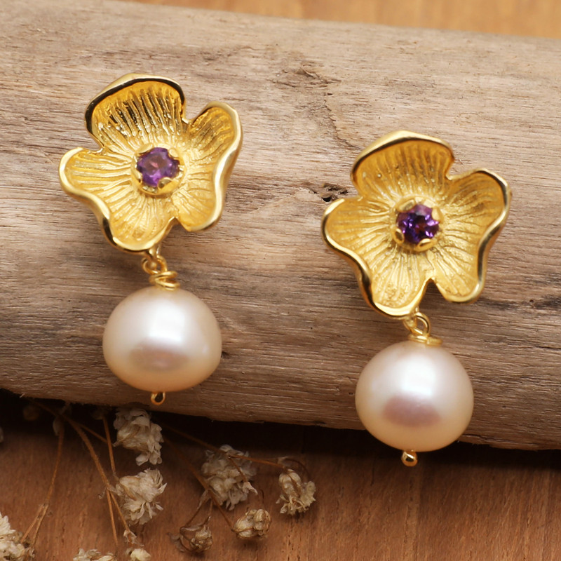 18k Gold-Plated Floral Dangle Earrings with Pearls and Gems, "Orchids of the Wise"