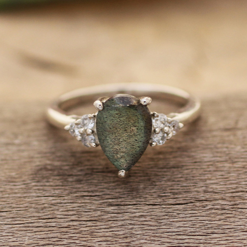 925 Silver Cocktail Ring with Labradorite and Cubic Zirconia, "Beloved Princess"
