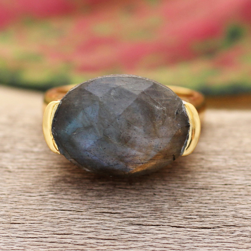 18k Gold-Plated Labradorite Cocktail Ring Crafted in India, "Classy Charm"