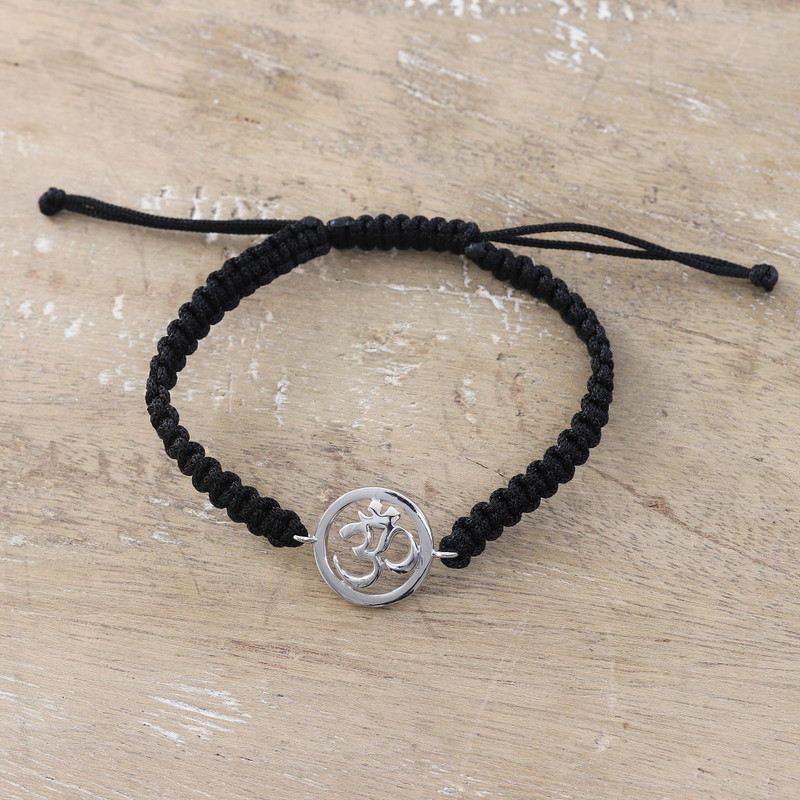 Black Macrame Cord Bracelet with Sterling Silver Om Symbol, "Altar to Enlightenment"