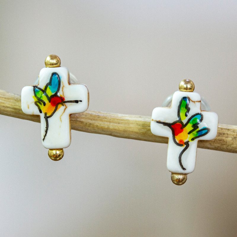 14k Gold-Accented Hummingbird Cross Button Earrings, "Harmonious Faith"