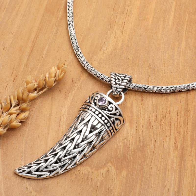 Men’s 925 Silver Fang Pendant Necklace with Amethyst Stone, "Mighty Purple"