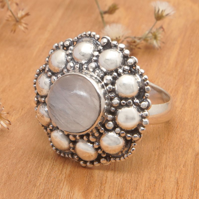 Sterling Silver Floral Cocktail Ring with Rainbow Moonstone, "Delightful Bloom"