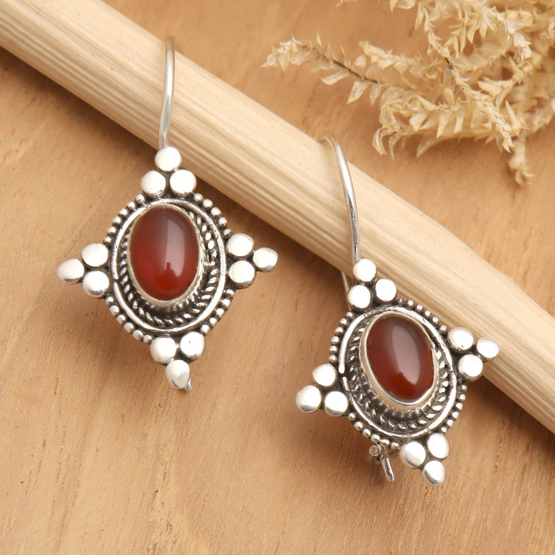 Star-Themed Oval Carnelian Drop Earrings from Bali, "Heavenly Courage"