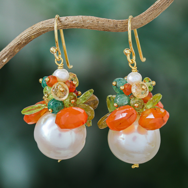 18k Gold-Plated Multi-Gemstone Dangle Earrings with Pearls, "Paradise Fruits"