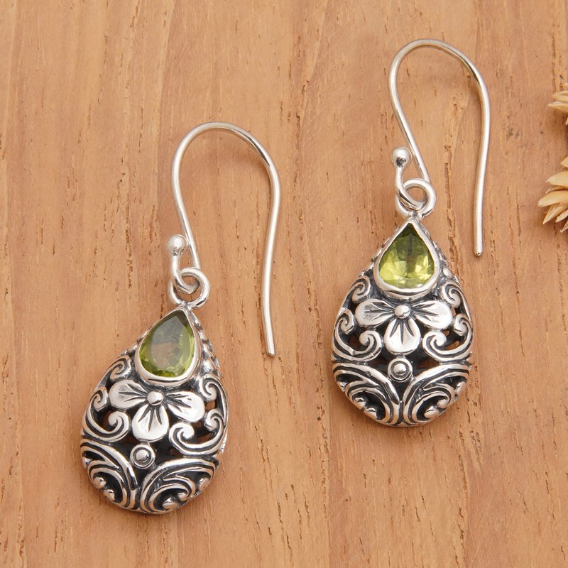 Sterling Silver Floral Dangle Earrings with Peridot Jewels, "Fortune Fantasy"