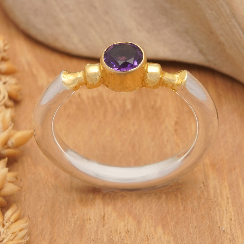 18k Gold-Accented Single Stone Ring with Round Amethyst, "Majestic Purple"