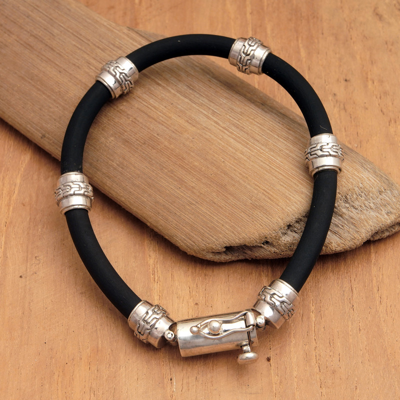 Balinese Stylish Sterling Silver Men's Cord Beaded Bracelet, "Glad Man"