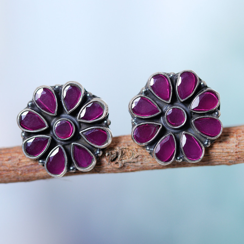Sterling Silver Floral Button Earrings with Pink Onyx Stones, "Pink Blend"