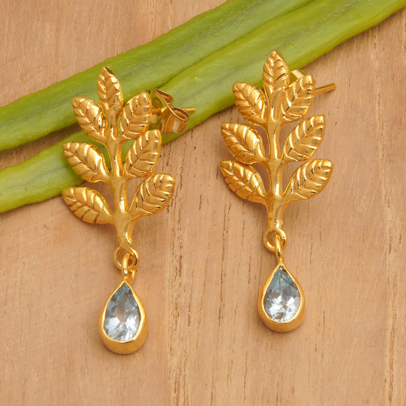 22k Gold-Plated Leafy Dangle Earrings with Blue Topaz Gems, "Thriving Blue"