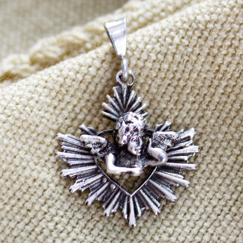 Religious Cherub-Themed Sterling Silver Pendant from Mexico, "Cherub's Glory"