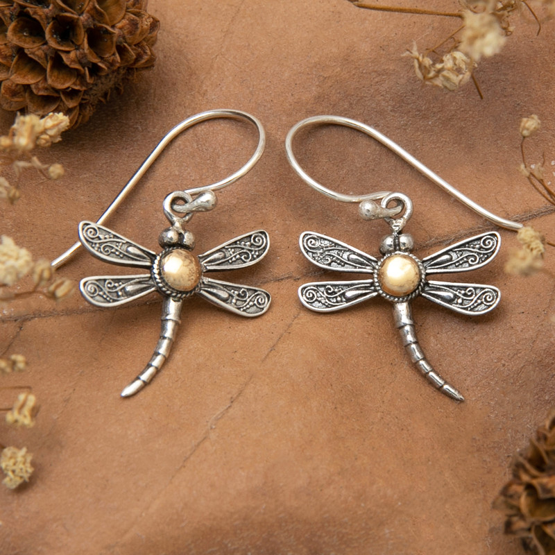 18k Gold-Accented Dragonfly Dangle Earrings from Bali, "Dragonfly's Spell"