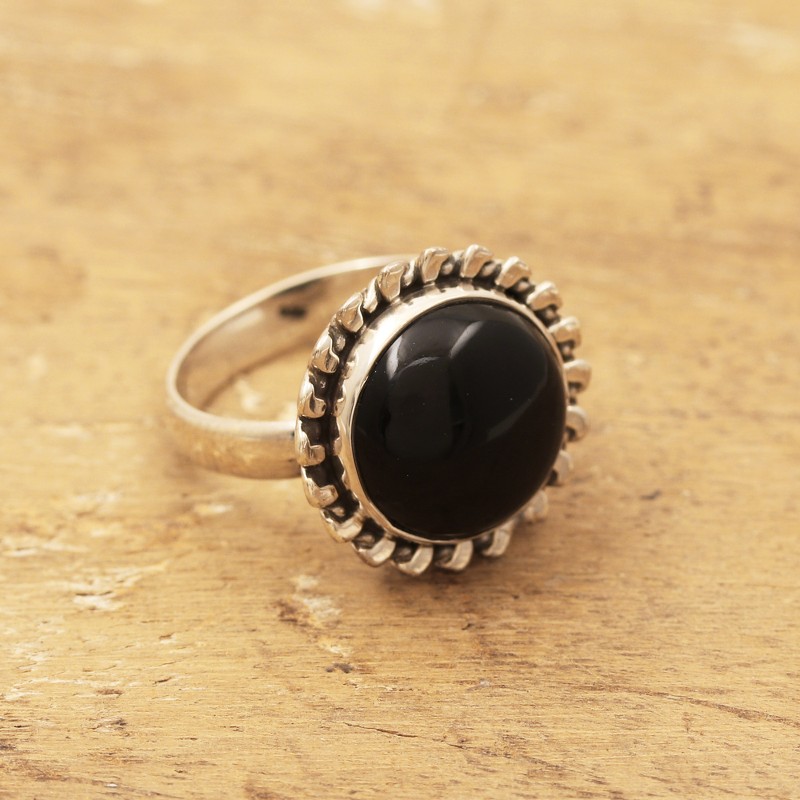 925 Silver Cocktail Ring with Black Onyx Stone from India, "Midnight Bloom"