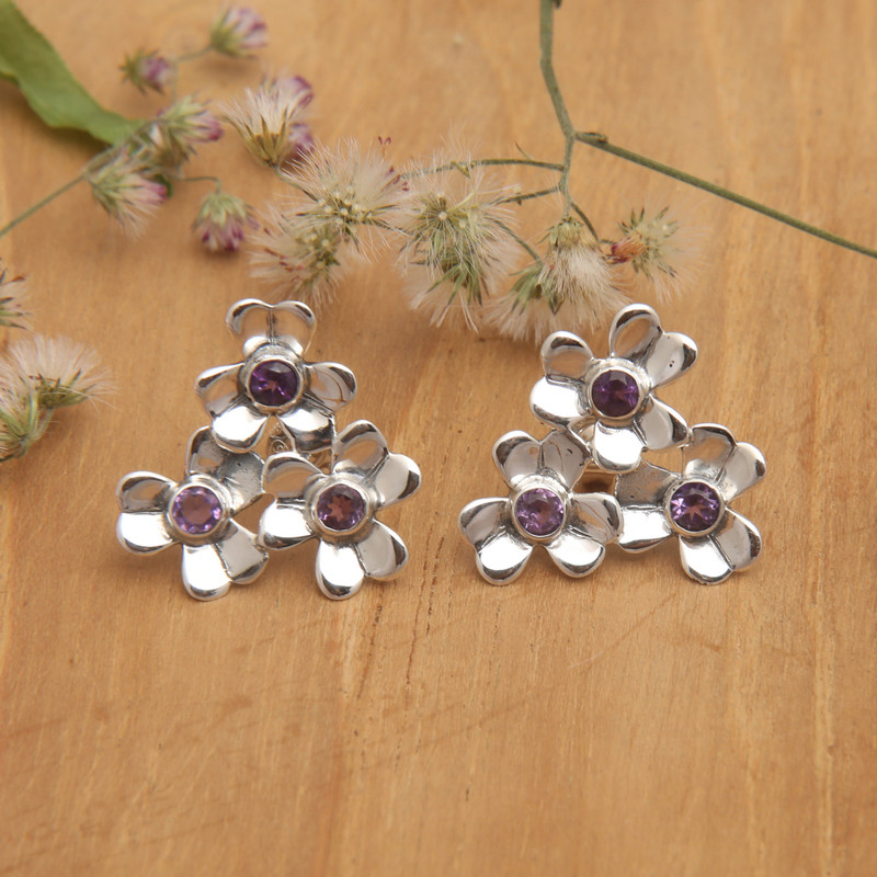 Sterling Silver Floral Button Earrings with Amethyst Stone, "Symphony of Blooms"