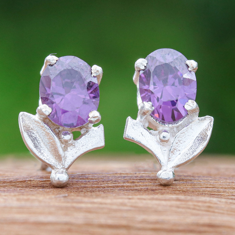 Tulip-Shaped Faceted Amethyst Sterling Silver Stud Earrings, "Wisdom Tulip"