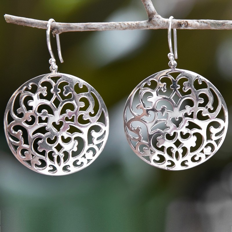 Traditional Leafy Round Sterling Silver Dangle Earrings, "Eden of Love"