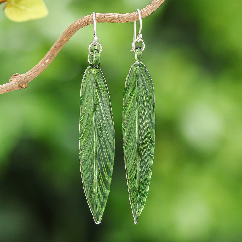 Handblown Leaf-Shaped Green Glass Dangle Earrings, "Bamboo Leaf"