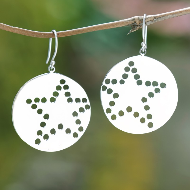 Star-Themed Round Sterling Silver Dangle Earrings from Bali, "You The Star"