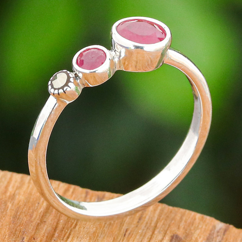 Modern Ruby and Marcasite Cocktail Ring from Thailand, "Expressly Romantic"