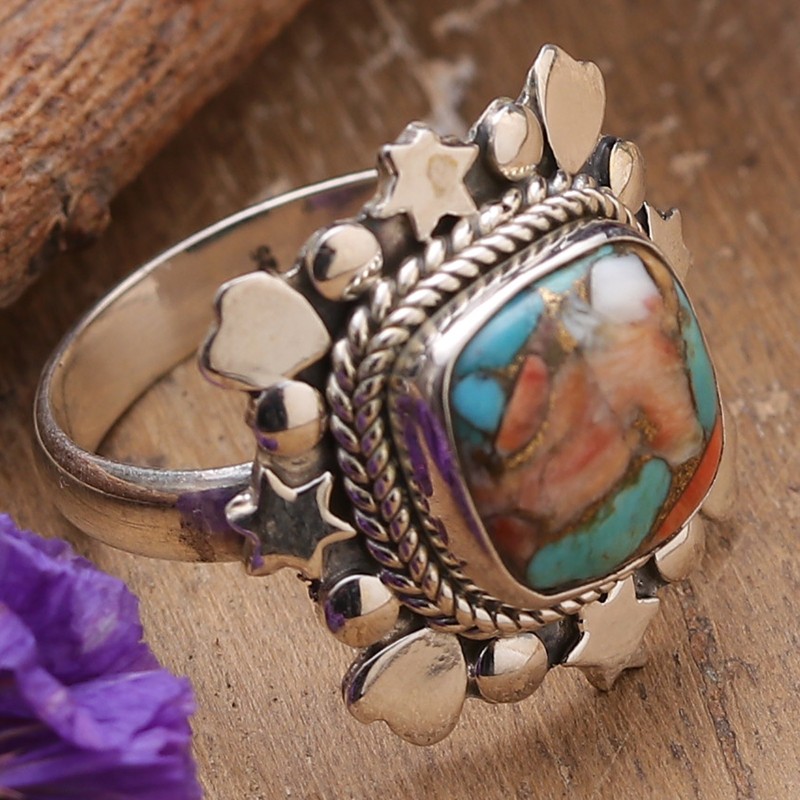 Star and Heart-Themed Reconstituted Turquoise Cocktail Ring, "Splendorous Heaven"