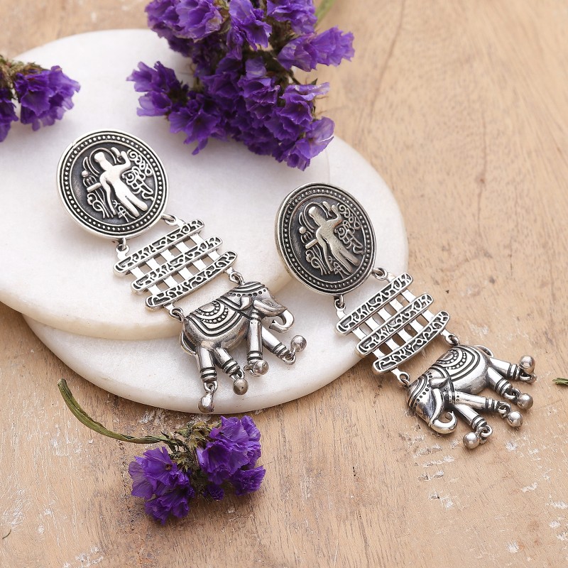 Traditional Indian Sterling Silver Dangle Earrings, "Tribal Flare"