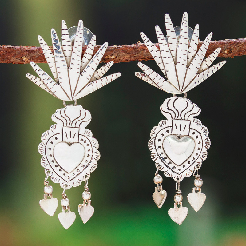 Taxco Sterling Silver Heart and Agave Chandelier Earrings, "Hearts and Nature"