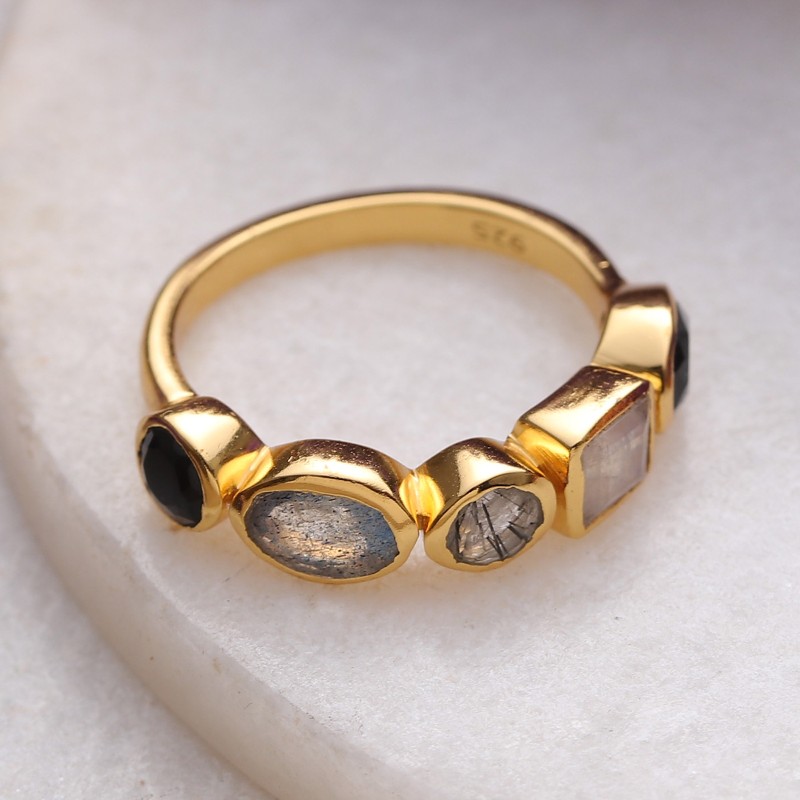 18k Gold-Plated One-Carat Multi-Gemstone Band Ring, "Five Spirits"