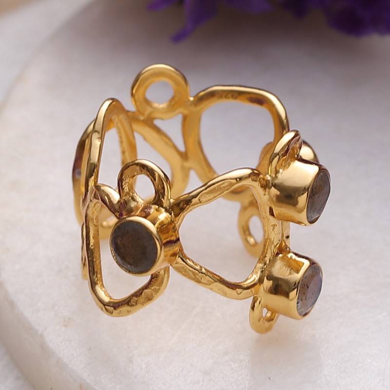 Abstract 18k Gold-Plated Natural Labradorite Cocktail Ring, "Enigmatic Fascination"