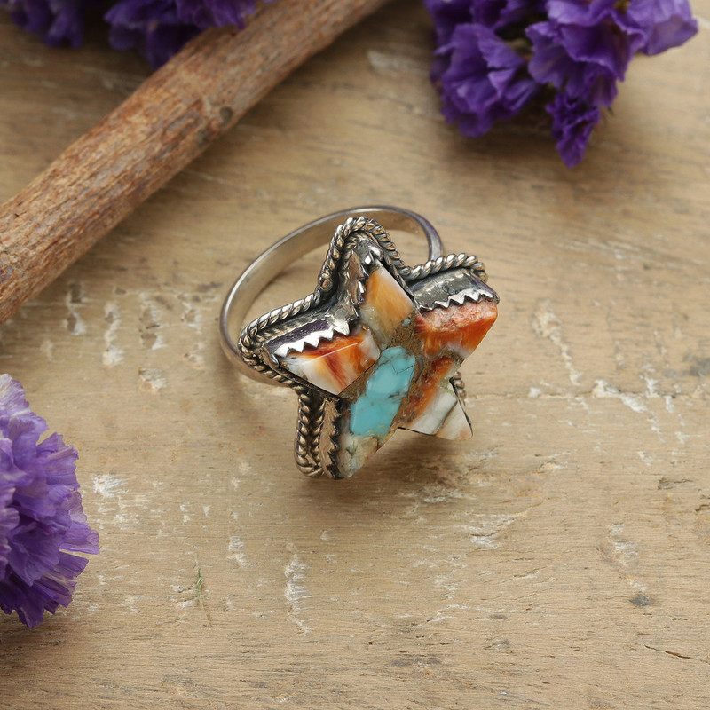 Star-Themed Cocktail Ring with Reconstituted Turquoise Stone, "Starry Festival"