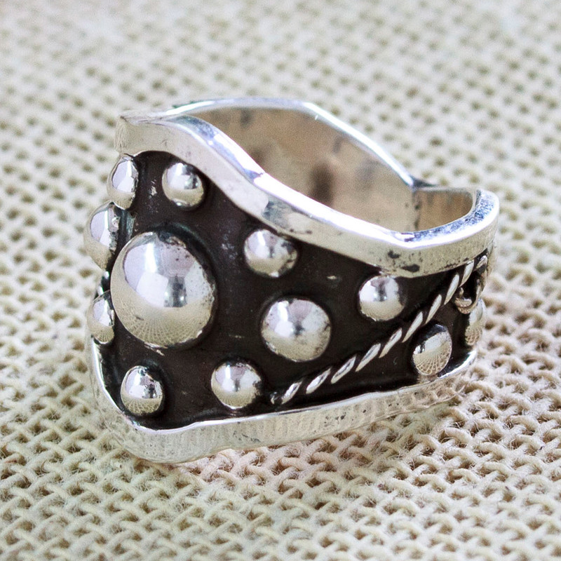 Modern Taxco Sterling Silver Band Ring with Oxidized Finish, "Glam Vibe"