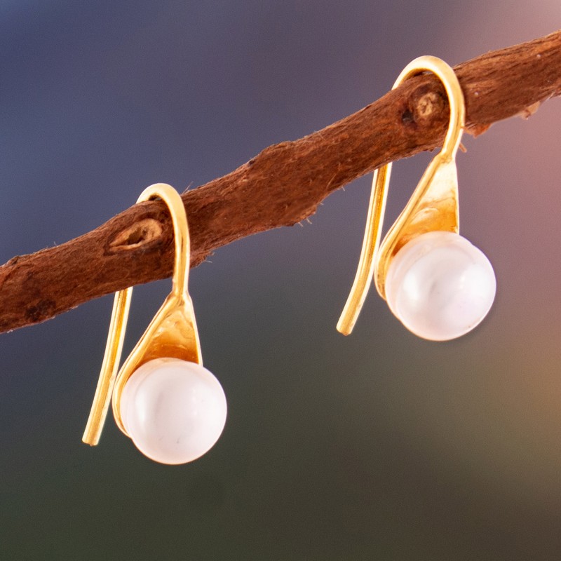 18k Gold-Plated White Cultured Pearl Button Earrings, "Triumph Tears"