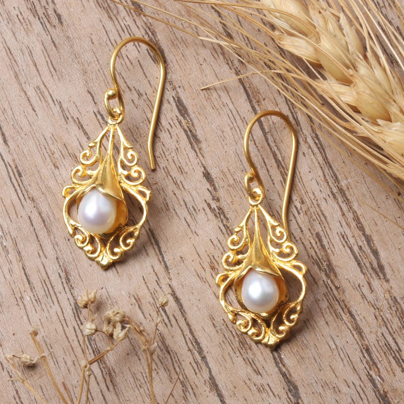 22k Gold-Plated White Cultured Pearl Kayonan Dangle Earrings, "Sacred Kayonan"
