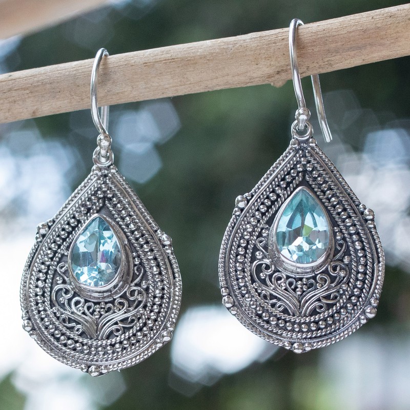 Teardrop Sterling Silver Dangle Earrings with Blue Topaz, "Princess Palace in Blue"