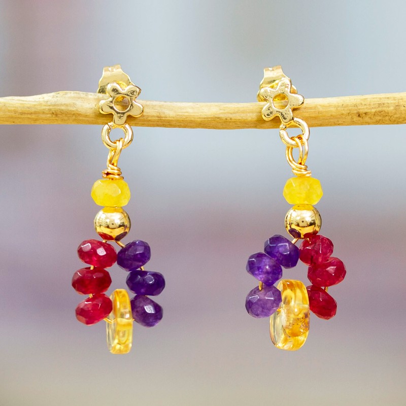 14k Gold-Plated Agate and Citrine Dangle Cluster Earrings, "Vibrant Maiden"