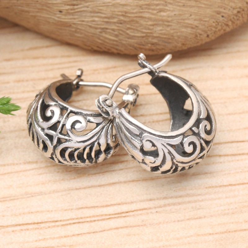 Polished Classic Sterling Silver Hoop Earrings from Bali, "Lady Elegance"