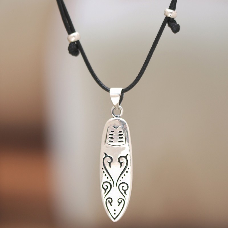 Surf Board-Themed Men's Sterling Silver Pendant Necklace, "Bali Surfing"