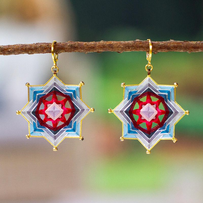 18k Gold-Plated Star-Shaped Red and Blue Dangle Earrings, "Holy Star"