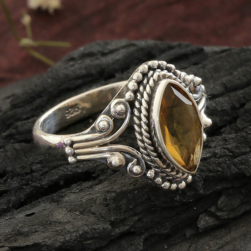 One-Carat Faceted Citrine Single Stone Ring from India, "Sunshine Luxury"