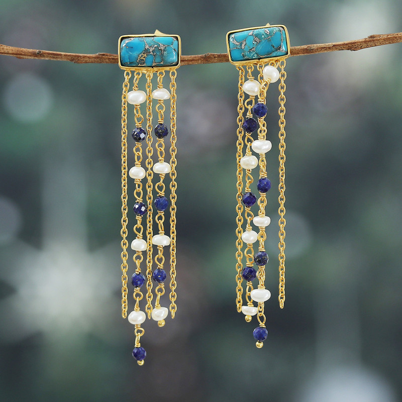 18k Gold-Plated Lapis Lazuli and Pearl Waterfall Earrings, "Cascade Splendor"