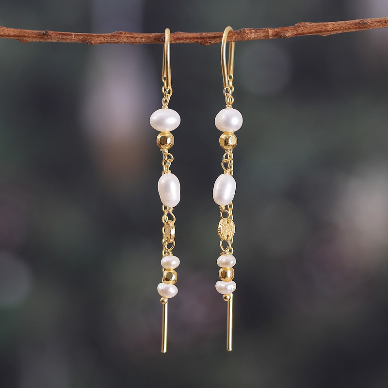 18k Gold-Plated Cream Cultured Pearl Threader Earrings, "Pearly Dance"