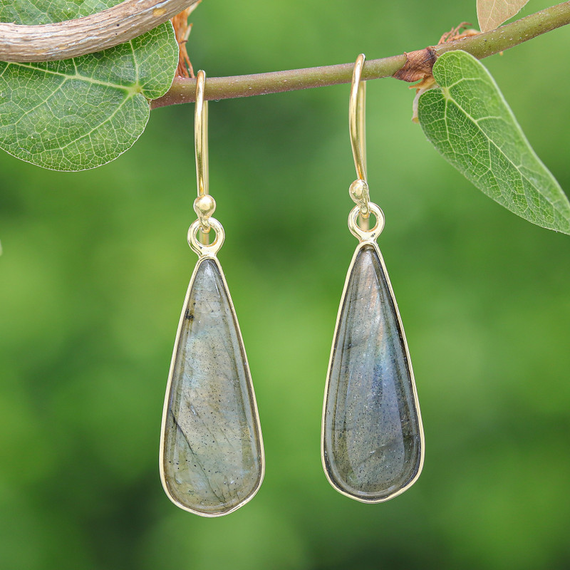 18k Gold-Plated Drop-Shaped Labradorite Dangle Earrings, "Tranquil Dew"
