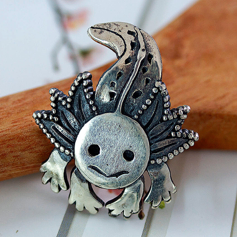 Polished and Oxidized Sterling Silver Axolotl Pendant, "Axolotl Spirit"