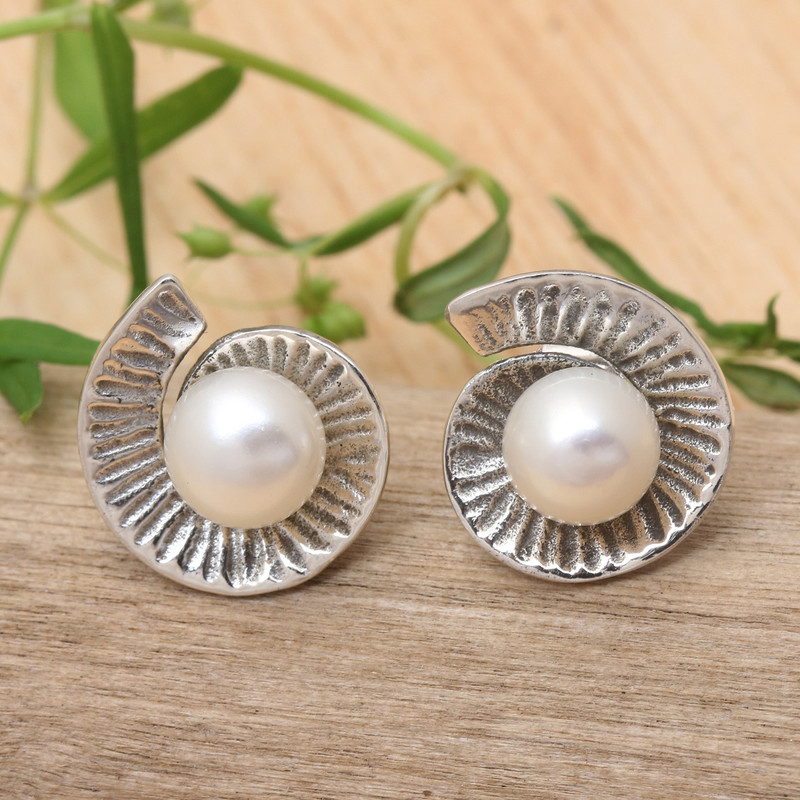 Whirl-Shaped Grey Cultured Pearl Button Earrings from Bali, "Ocean Whirl"