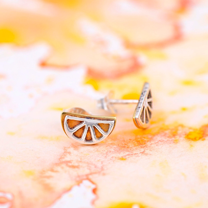 Whimsical Sterling Silver and Brass Lemon Stud Earrings, "Lemon Slice"