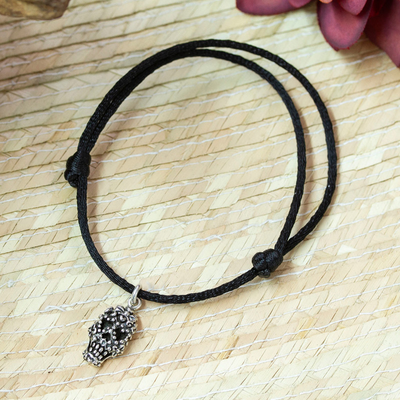 Adjustable Men's Cord Bracelet with Taxco Silver Skull Charm, "Hypnotic Skull"
