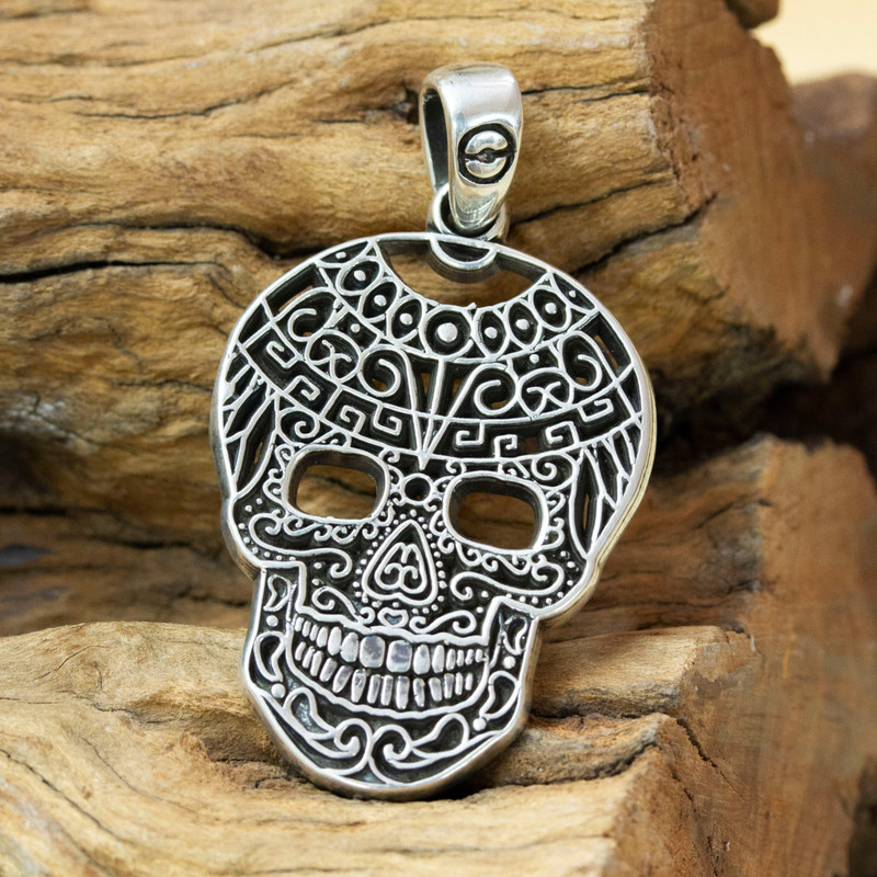 Men's Taxco Silver Aztec Goddess Tlaltecuhtli Skull Pendant, "Tlaltecuhtli Skull"