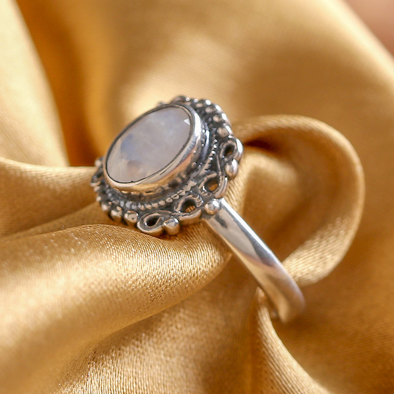 Natural 1-Carat Rainbow Moonstone Baroque Single Stone Ring, "Harmonious Memory"